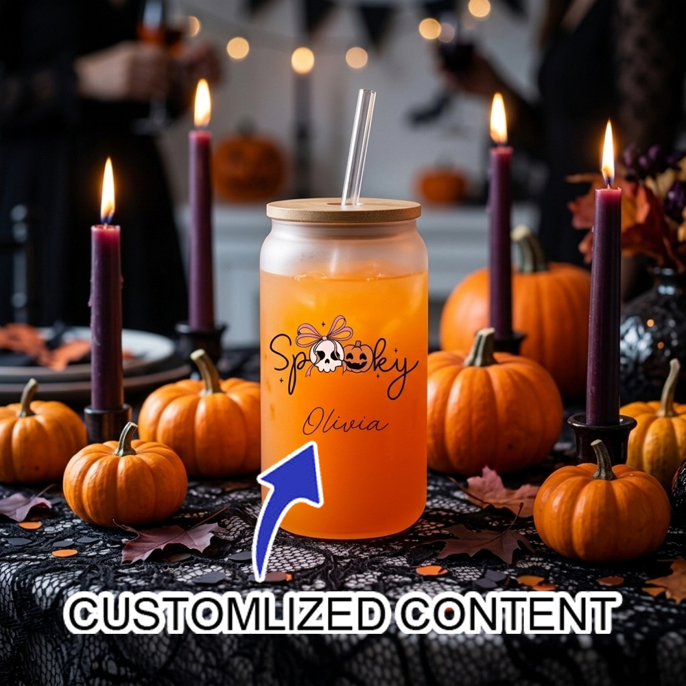 Coffee Equipment Names - Personalisierter Gruseliger Halloween-Glasbecher mit Bambusdeckel und
