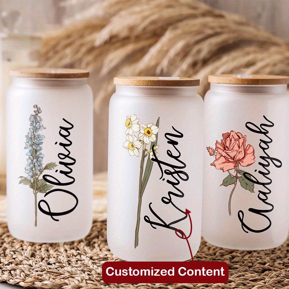Coffee Equipment Names - Personalisierter Geburtsblumen-Namens-Glasbecher mit Bambusdeckel & Strohhalm,